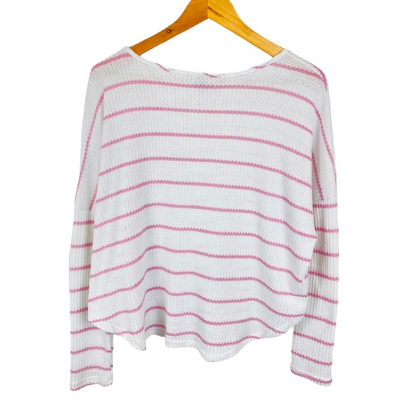 Paper Crane Waffle Knit Striped Scoop Hem Long Sleeve Oversized Thermal Blouse - Picture 2 of 7